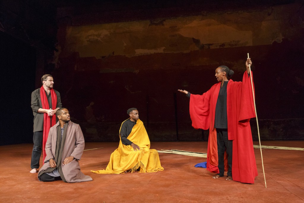 From left: Sean O’Callaghan; Jared McNeill; Ery Nzaramba & Carole Karemera in US Premiere of BATTLEFIELD C.I.C.T.—Théâtre des Bouffes du Nord Based on The Mahabharata and the play written by Jean-Claude Carrière Adapted and directed by Peter Brook and Marie-Hélène Estienne selected scenes photographed: Wednesday, September 28, 2016; 3:00 PM at the BAM Harvey Theater; Brooklyn Academy of Music, NYC; Photograph: © 2016 Richard Termine PHOTO CREDIT - Richard Termine