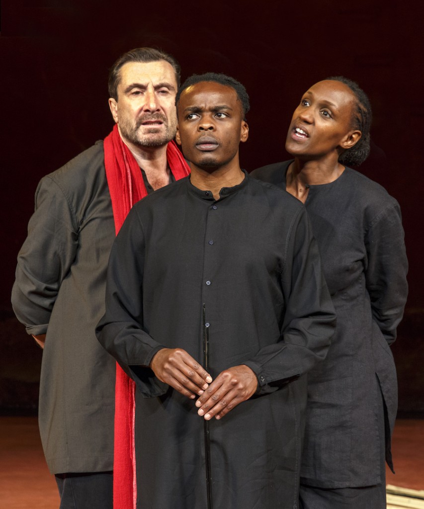 From left: Sean O’Callaghan; Ery Nzaramba & Carole Karemera; in US Premiere of BATTLEFIELD C.I.C.T.—Théâtre des Bouffes du Nord Based on The Mahabharata and the play written by Jean-Claude Carrière Adapted and directed by Peter Brook and Marie-Hélène Estienne selected scenes photographed: Wednesday, September 28, 2016; 3:00 PM at the BAM Harvey Theater; Brooklyn Academy of Music, NYC; Photograph: © 2016 Richard Termine PHOTO CREDIT - Richard Termine