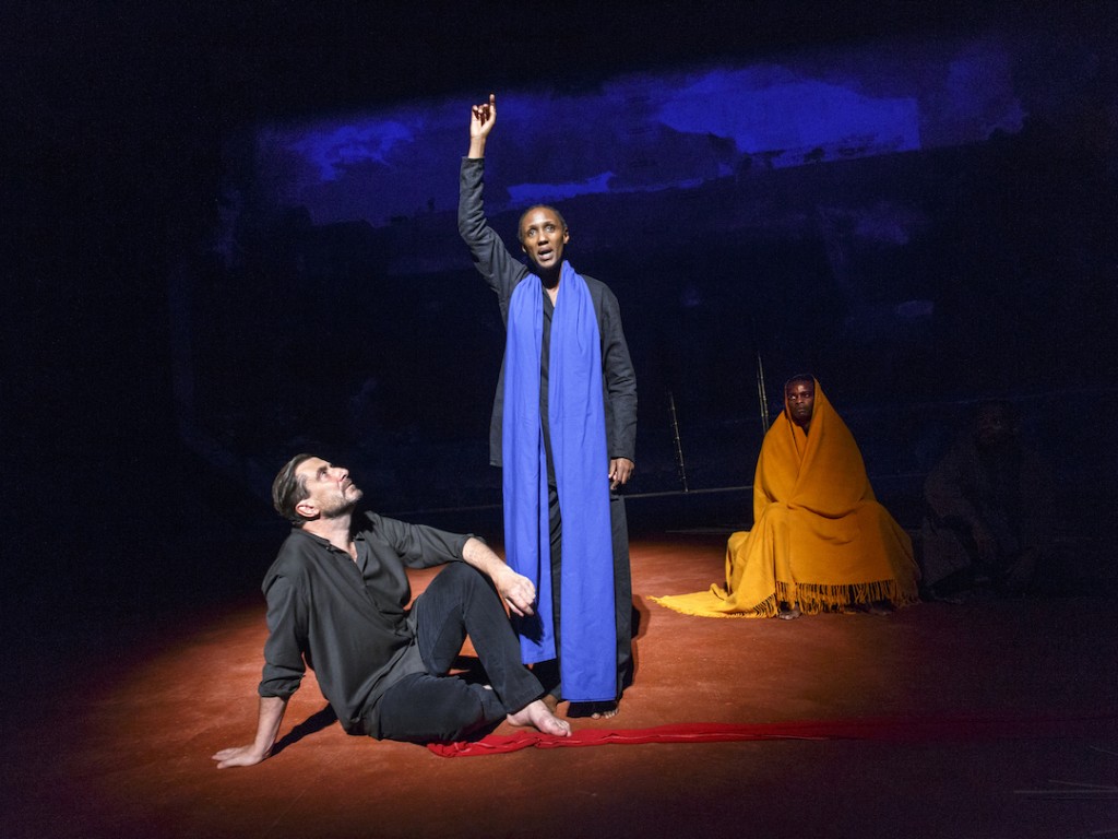 From left: Sean O’Callaghan; Carole Karemera & Ery Nzaramba in US Premiere of BATTLEFIELD C.I.C.T.—Théâtre des Bouffes du Nord Based on The Mahabharata and the play written by Jean-Claude Carrière Adapted and directed by Peter Brook and Marie-Hélène Estienne selected scenes photographed: Wednesday, September 28, 2016; 3:00 PM at the BAM Harvey Theater; Brooklyn Academy of Music, NYC; Photograph: © 2016 Richard Termine PHOTO CREDIT - Richard Termine