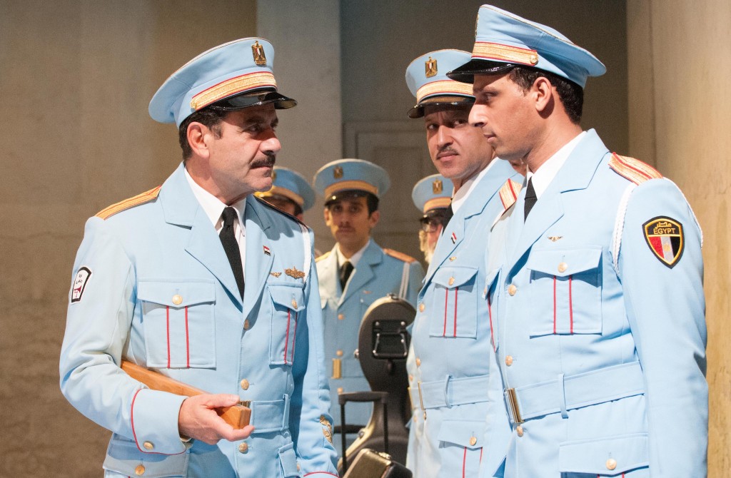 (l-r) Tony Shalhoub, George Abud, Alok Tewari, Ari’el Stachel in Atlantic Theater Company’s world premiere musical The Band’s Visit, directed by David Cromer, featuring a book by Itamar Moses and original score by David Yazbek. Opening December 8, 2016 at The Linda Gross Theater (336 West 20 Street). Photo: Ahron R. Foster.
